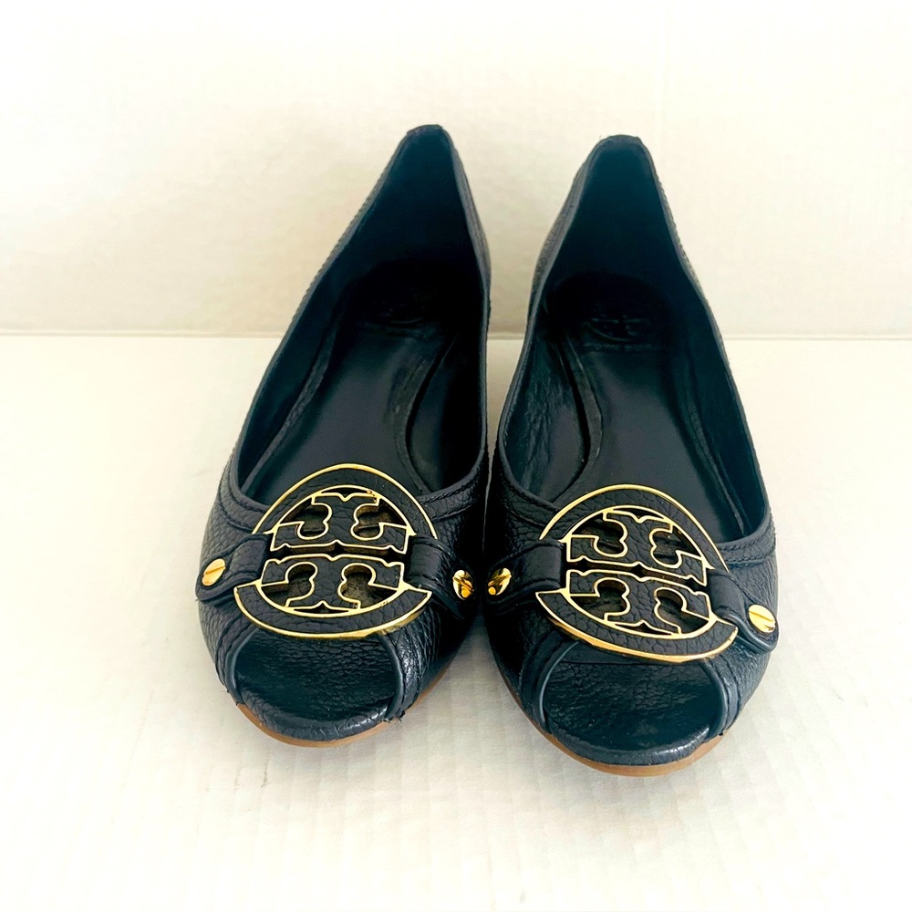Tory Burch Peep Toe Wedge Pumps Heels Shoes Black 7.5